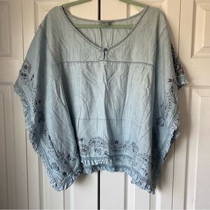 Ariat Women XXL Eden Poncho Blouse 100% Tencel Light Blue Ruffle Western